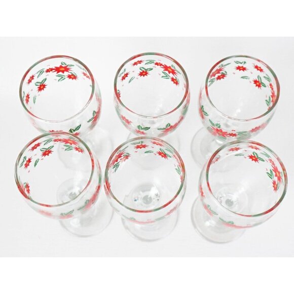 6 Vintage Christmas Wine Glasses Poinsettias Coctail Glass Barware - Picture 5 of 5